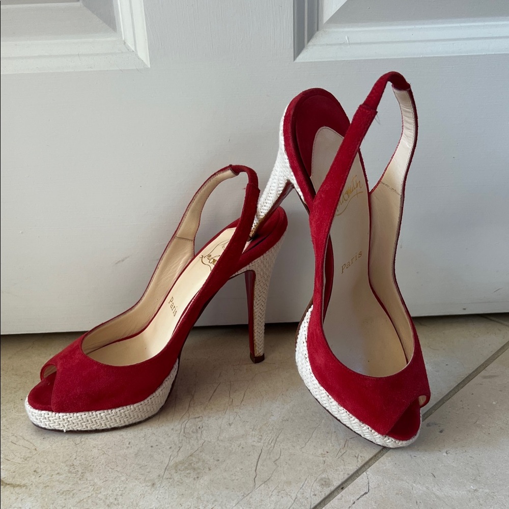 Christian Louboutin Red Suede Slingback Platform Heels - Picture 3 of 8